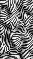 Abstract black and white zebra stripe pattern on crumpled fabric.