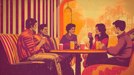 retro diner delight: friends savoring hot chocolate in a cozy 1950s vibe - perfect poster for sports interiors with a warm, inviting atmosphere!
