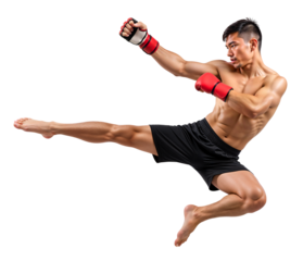 Asian combat fighter doing flying kick, full-body view on isolated background