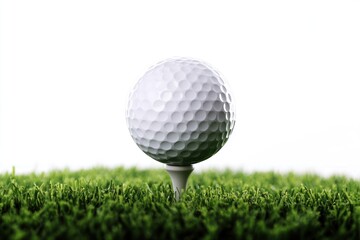Close-up of a golf ball on a tee in green grass against a white background.