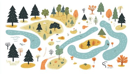 Colorful Nature Landscape with Trees, Water, and Wild Animals