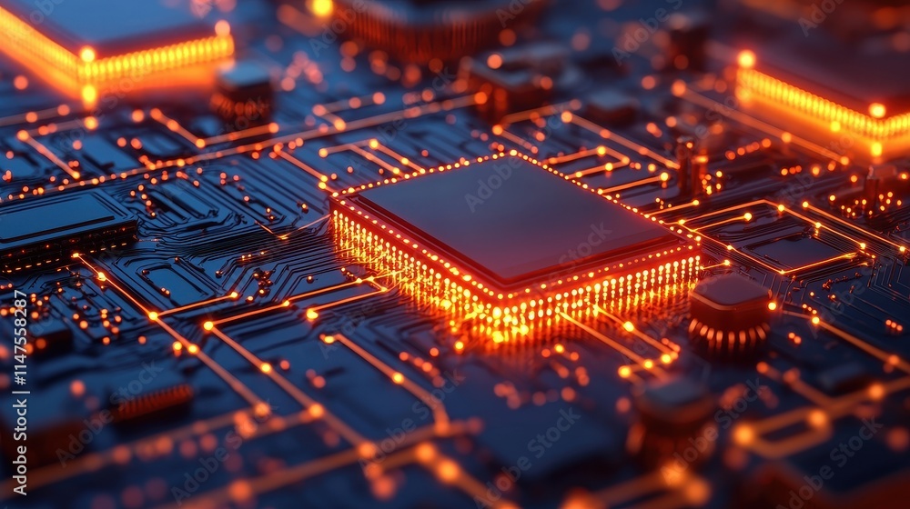 Poster futuristic circuit board with glowing elements and advanced components