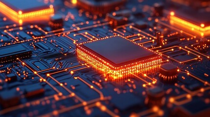 Futuristic Circuit Board with Glowing Elements and Advanced Components