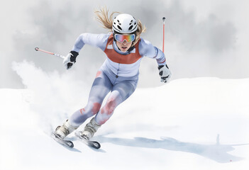 Skier in full gear descending at high speed down slope. Watercolor sketch illustration