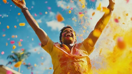 Joyful man covered in vibrant yellow Holi powder, arms raised, celebrating under a colorful sky.