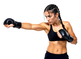 A young Latina female fighter with dark braided hairs, side view in punching pose