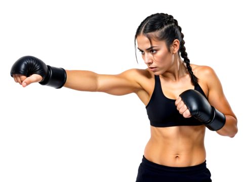 A young Latina female fighter with dark braided hairs, side view in punching pose - Powered by Adobe