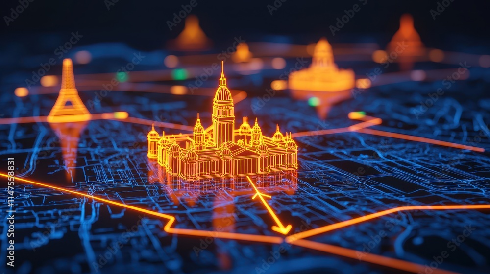 Aufkleber digital city map with neon landmarks and navigation elements