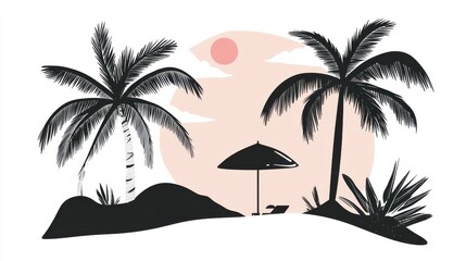Tropical Landscape with Palm Trees and Umbrella at Sunset Scene