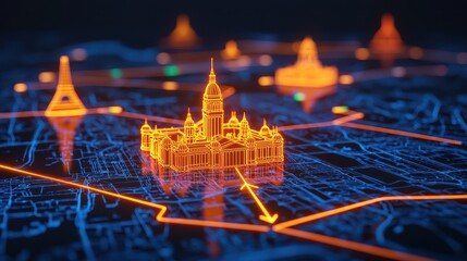 Digital City Map with Neon Landmarks and Navigation Elements