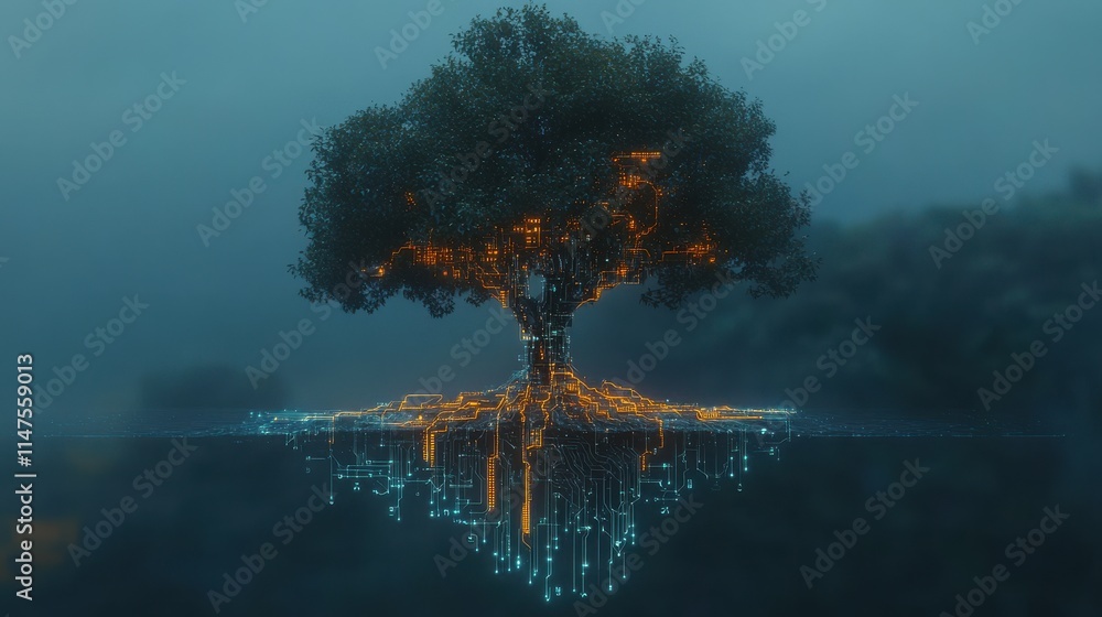 Aufkleber digital tree concept with glowing circuit board roots and branches