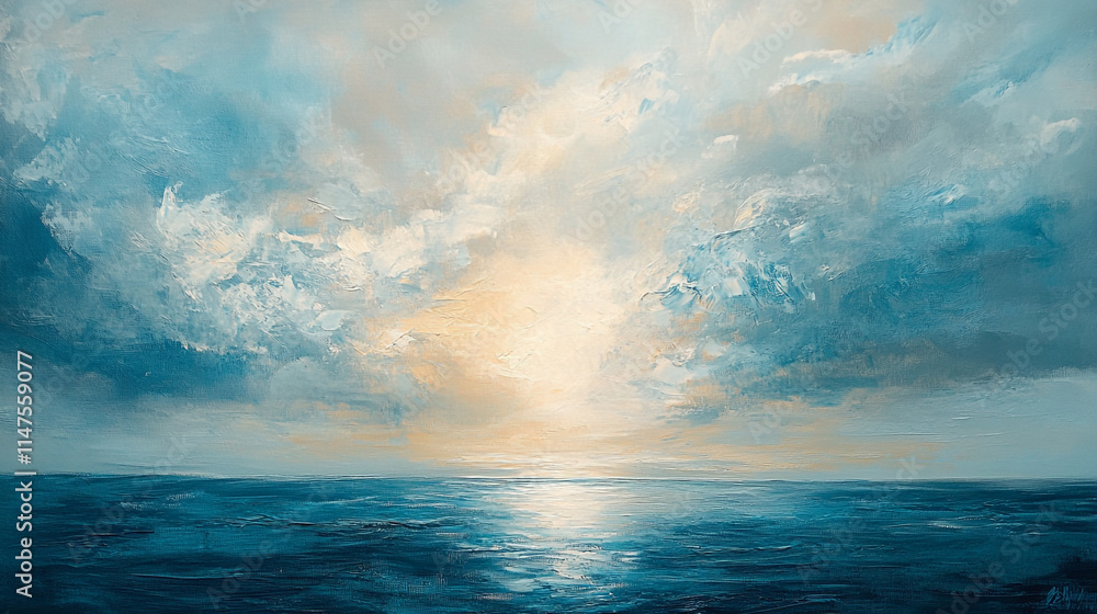 Poster sunset over ocean with dramatic clouds creating a serene atmosphere.