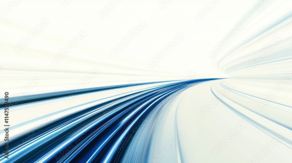 Poster Abstract motion blur of a fast train in a tunnel, showcasing speed and dynamism with blue and white streaks.