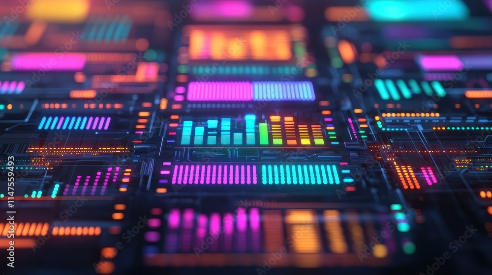 Poster abstract digital background with colorful neon lights and graphics
