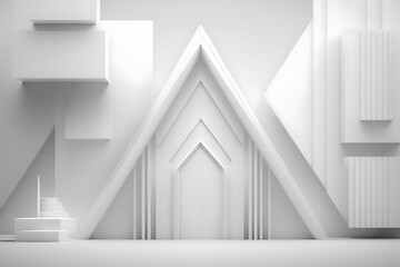 Obraz premium Abstract white geometric shapes create a minimalist architectural scene with a central triangular portal.