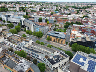 An Aerial View of Buildings at Central Bristol City of Southwest of England, United Kingdom. May 26th, 2024. The High Angle Footage Was Captured with Drone's Camera from Medium High Altitude.