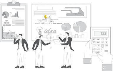 Auditing, financial management, business marketing performance statistics, calculating and analyzing financial data, a hand-pressing of calculator buttons to account for and tabulate various data stat