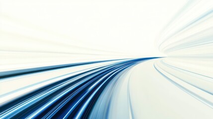 Abstract motion blur of a fast train in a tunnel, showcasing speed and dynamism with blue and white streaks.