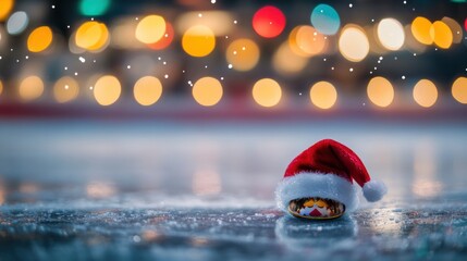 A festive holiday-themed hockey puck with a Santa hat perched on icy ground, surrounded by blurred, colorful stadium lights