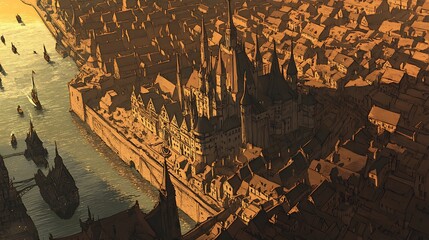 Naklejka premium Aerial view of a medieval city by a river. Concept of fantasy, history, and architecture.