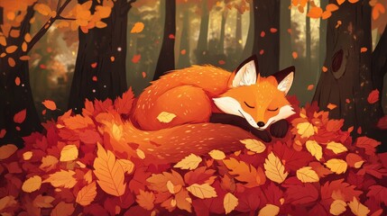 Fototapeta premium Cozy Red Fox Sleeping on Colorful Autumn Leaves in Forest