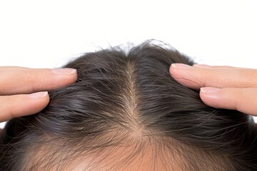 Fototapeta premium Close Up Of Hands Holding Thinning Hair And Running Fingers Through Sparse Bald Spots On Top Of Head