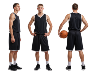 Basketball player mockup in black jersey sleeveless uniform – isolated front, side, and back views