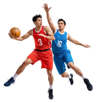 Midair shot of a two basketball player from different team, one about to throw, one is blocking