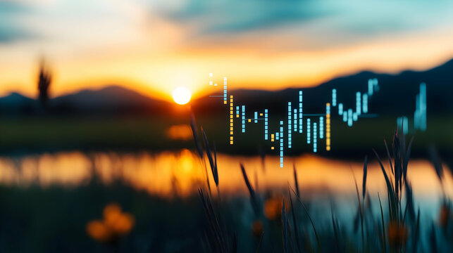 A vibrant sunset reflects on water, with financial data visualizations overlaying a serene landscape of grass and mountains.