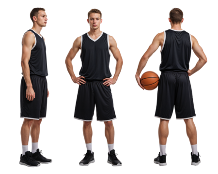 Basketball player mockup in black jersey sleeveless uniform – isolated front, side, and back views