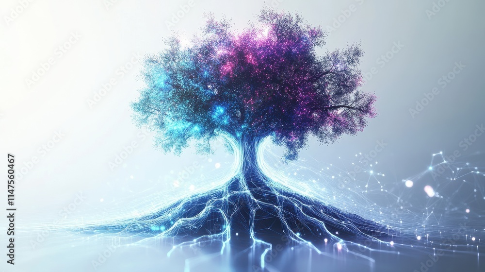 Poster futuristic tree with glowing roots and cosmic elements in background