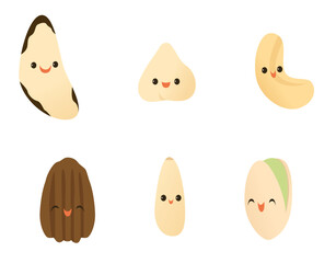 Set of six nut illustrations, Brazil nut, filbert, cashew, pecan, pine nut, and pistachio