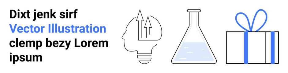 Light bulb brain with arrows, beaker with liquid, gift box with ribbon suggesting innovation, research, and rewards. Ideal for education, science projects, business strategies, creativity