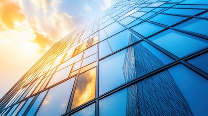 Modern glass skyscraper reflecting sunset sky.