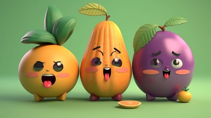 Three cute cartoon fruits orange, papaya, plum, smiling with tongues out.
