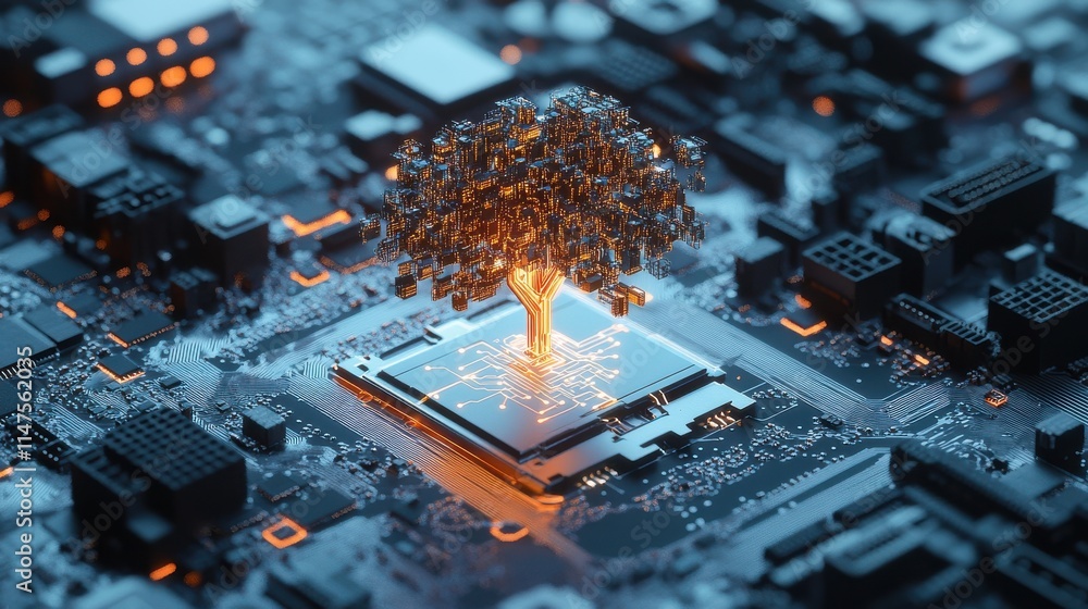 Poster digital tree growing from microchip on circuit board concept