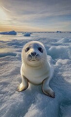 Naklejka premium A realistic photo of a seal pup taking a selfie on an ice floe, high-quality camera, with color grading and hyper-realism.