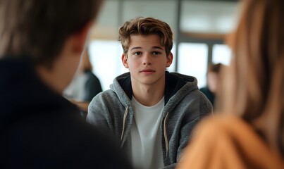 Fototapeta premium diplomatic young male mediating a conversation between friends in a modern classroom, Generative AI 