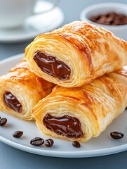 Indulging in Flaky Pain au Chocolat with Melted Chocolate Cozy Cafe Setting Food Close-Up View Culinary Delight