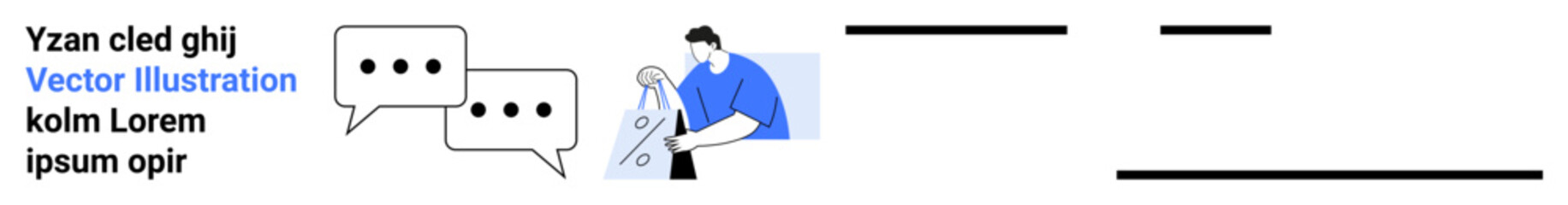 Man interacting with large touchscreen and speech bubbles, surrounded by text elements. Ideal for communication, online interaction, tech support, customer service, digital collaboration, remote
