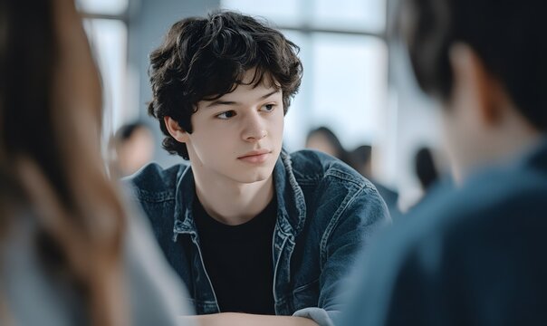 diplomatic young male mediating a conversation between friends in a modern classroom, Generative AI 