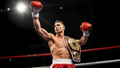 Excited caucasian male boxer in celebration with a championship belt