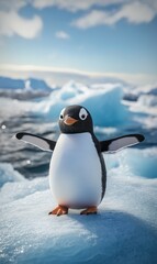 Fototapeta premium A realistic photo of a penguin taking a selfie on an ice floe with the ocean behind it, high-quality camera, with color grading and hyper-realism.