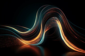 Abstract glowing orange and teal light wave curves on dark background.