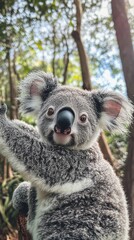 Obraz premium A realistic photo of a koala joey taking a selfie while holding onto its mother's back, high-quality camera, with color grading and hyper-realism.