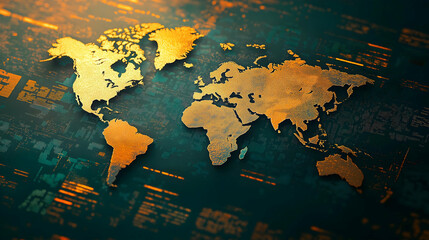 A stylized world map in gold against a dark blue background, featuring digital elements and a modern aesthetic.