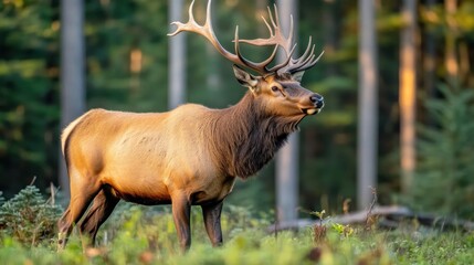Fototapeta premium Majestic elk bull standing in a lush forest clearing at sunrise.