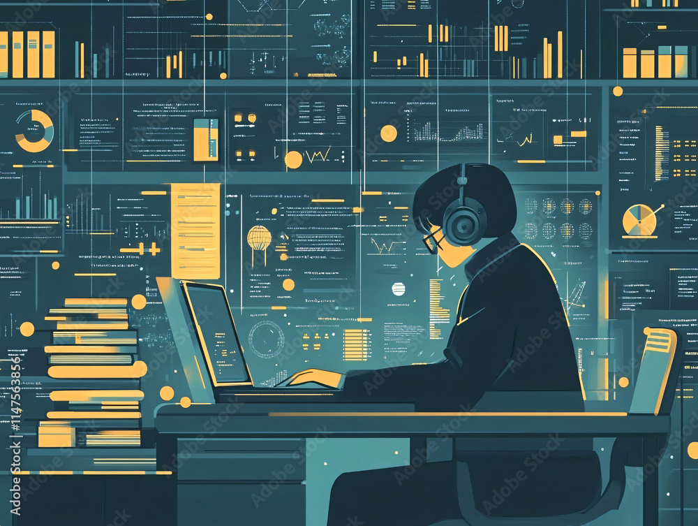 Poster a person focused on data analysis in a contemporary office. surrounded by stacks of books and numero