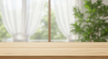 Warm wood table with blurred garden view, perfect for home decor inspiration