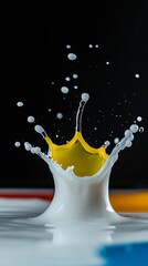 A vibrant splash of yellow and white liquid creates an eye-catching crown shape on a dark background.